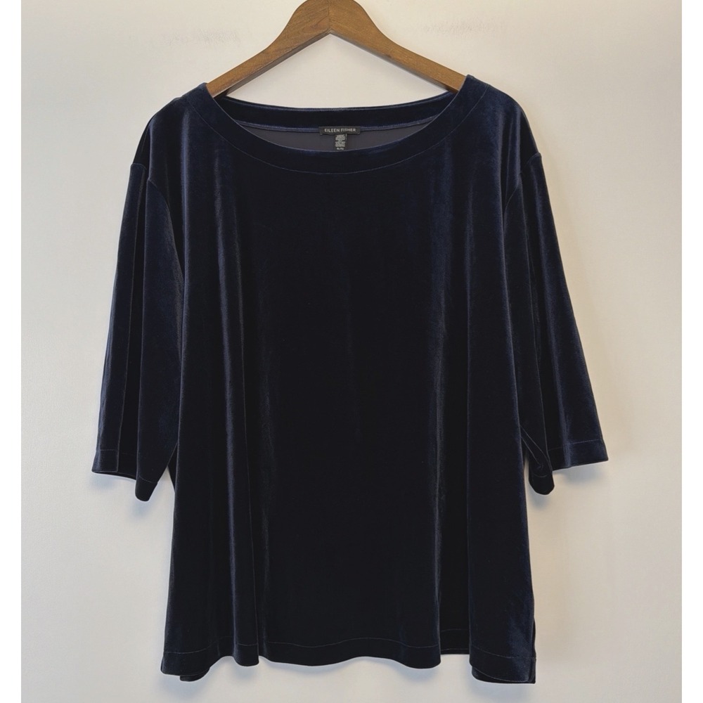 Eileen Fisher Velvet Velour Blouse Top XL Blue Luxe Evening Holiday Party Chic